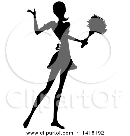 Clipart of a Black Silhouetted Female Maid with Her Hair in a Pony Tail, Presenting and Holding a Feather Duster - Royalty Free Vector Illustration by Pams Clipart