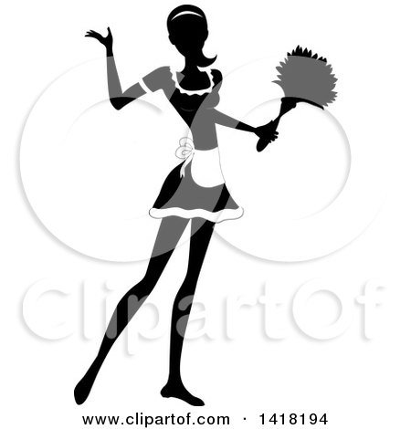 Clipart of a Black and White Silhouetted Female Maid with Her Hair in a Pony Tail, Presenting and Holding a Feather Duster - Royalty Free Vector Illustration by Pams Clipart