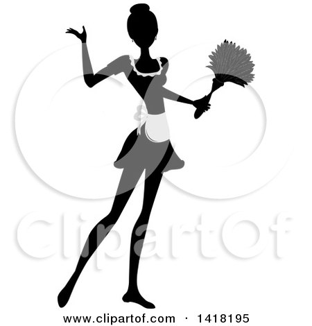 Clipart of a Black and White Silhouetted Female Maid with Her Hair in a Bun, Presenting and Holding a Feather Duster - Royalty Free Vector Illustration by Pams Clipart