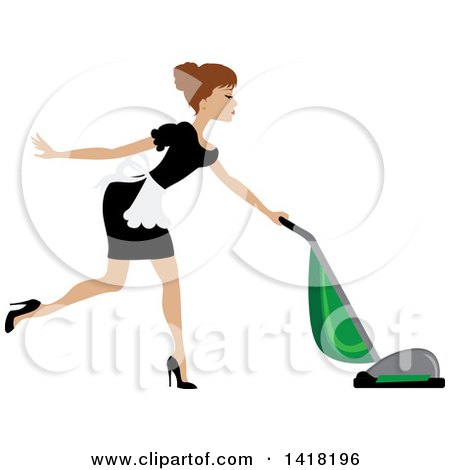 Clipart of a Brunette Female Maid with Her Hair in a Bun, Vacuuming - Royalty Free Vector Illustration by Pams Clipart