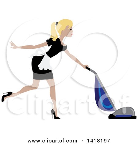 Clipart of a Blond Female Maid with Her Hair in a Pony Tail, Vacuuming - Royalty Free Vector Illustration by Pams Clipart