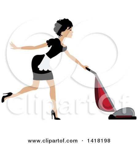 Clipart of a Brunette Female Maid Vacuuming - Royalty Free Vector Illustration by Pams Clipart