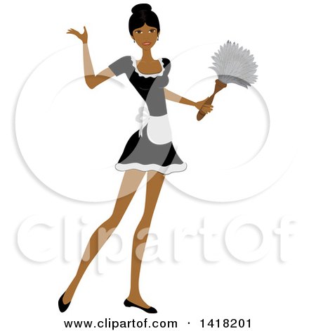 Clipart of a Dark Skinned Female Maid Presenting and Holding a Feather Duster - Royalty Free Vector Illustration by Pams Clipart