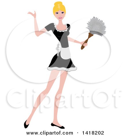 Clipart of a Blond Female Maid Presenting and Holding a Feather Duster - Royalty Free Vector Illustration by Pams Clipart