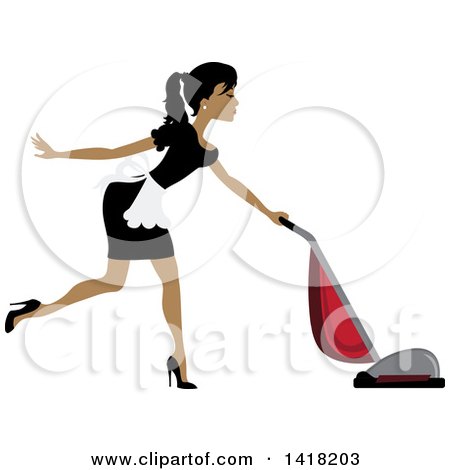 Clipart of a Dark Skinned Female Maid Vacuuming - Royalty Free Vector Illustration by Pams Clipart