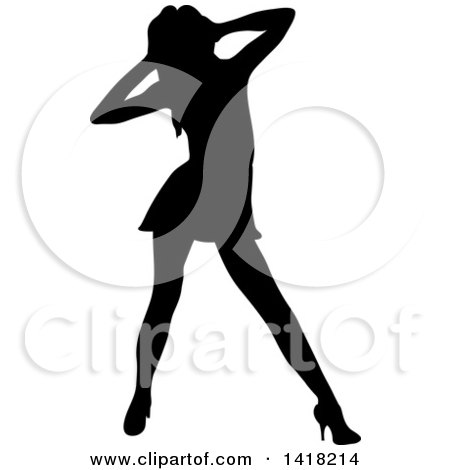 Clipart of a Black Silhouetted Woman Dancing, Her Hands in Her Hair - Royalty Free Vector Illustration by Pams Clipart
