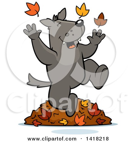 Cartoon Clipart of a Happy Wolf Playing in Autumn Leaves - Royalty Free Vector Illustration by Cory Thoman