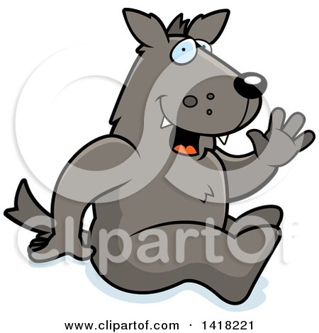 Cartoon Clipart of a Happy Wolf Sitting and Waving - Royalty Free Vector Illustration by Cory Thoman