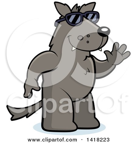 Cartoon Clipart of a Friendly Wolf Wearing Sunglasses and Waving - Royalty Free Vector Illustration by Cory Thoman