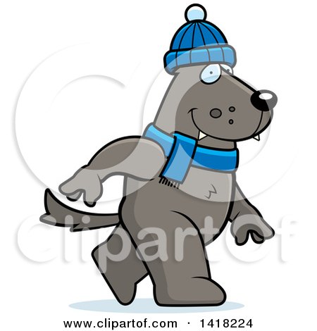 Cartoon Clipart of a Wolf Walking Upright in Winter Accessories - Royalty Free Vector Illustration by Cory Thoman