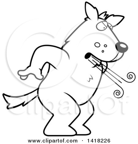 Cartoon Clipart of a Black and White Lineart Big Bad Wolf Huffing and Puffing - Royalty Free Vector Illustration by Cory Thoman
