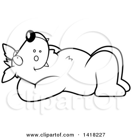 Cartoon Clipart of a Black and White Lineart Relaxed Wolf Resting on His Back and Stargazing - Royalty Free Vector Illustration by Cory Thoman