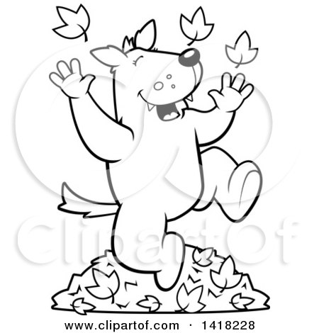 Cartoon Clipart of a Black and White Lineart Happy Wolf Playing in Autumn Leaves - Royalty Free Vector Illustration by Cory Thoman