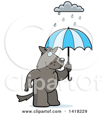 Cartoon Clipart of a Wolf Holding an Umbrella in the Rain - Royalty Free Vector Illustration by Cory Thoman