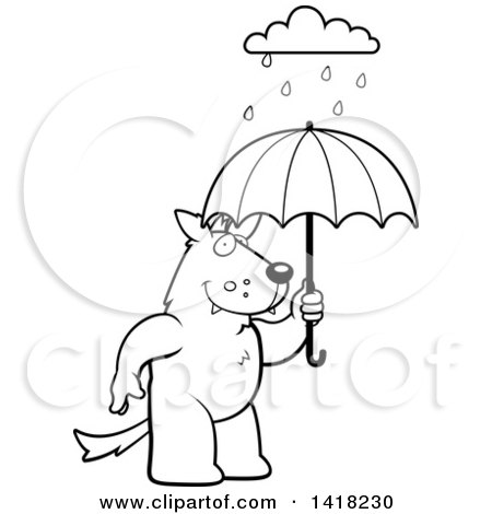 Cartoon Clipart of a Black and White Lineart Wolf Holding an Umbrella in the Rain - Royalty Free Vector Illustration by Cory Thoman