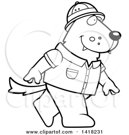 Cartoon Clipart of a Black and White Lineart Safari Wolf Walking - Royalty Free Vector Illustration by Cory Thoman