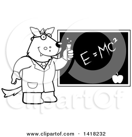 Cartoon Clipart of a Black and White Lineart Professor or Scientist Wolf by a Chalkboard - Royalty Free Vector Illustration by Cory Thoman