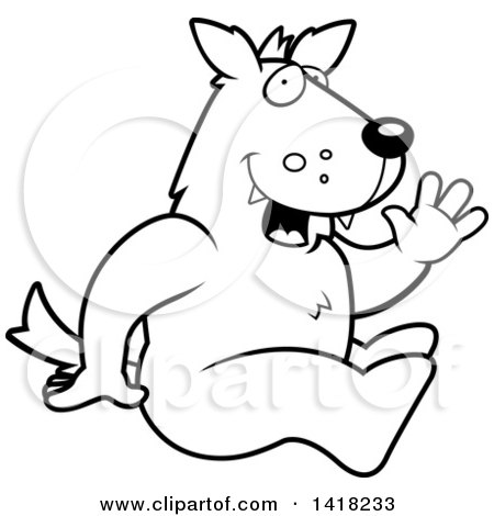 Cartoon Clipart of a Black and White Lineart Happy Wolf Sitting and Waving - Royalty Free Vector Illustration by Cory Thoman