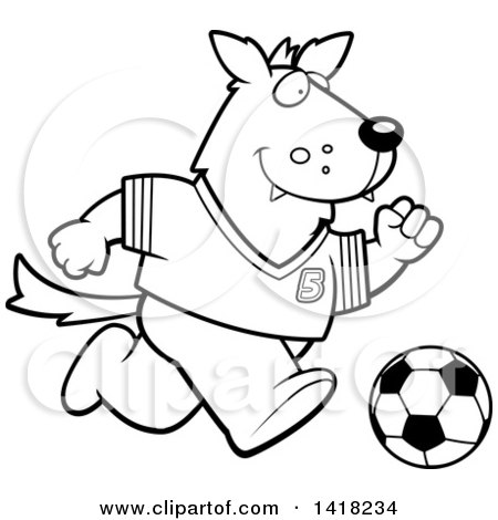 Cartoon Clipart of a Black and White Lineart Sporty Wolf Playing Soccer - Royalty Free Vector Illustration by Cory Thoman