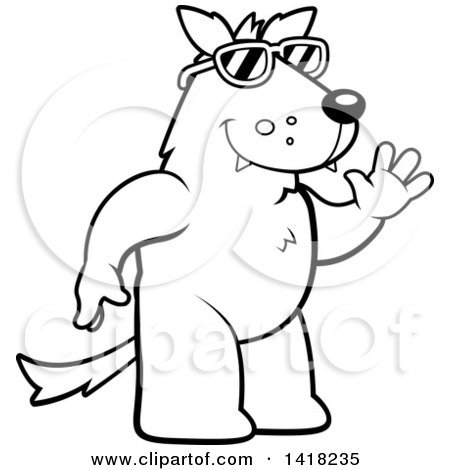 Cartoon Clipart of a Black and White Lineart Friendly Wolf Wearing Sunglasses and Waving - Royalty Free Vector Illustration by Cory Thoman