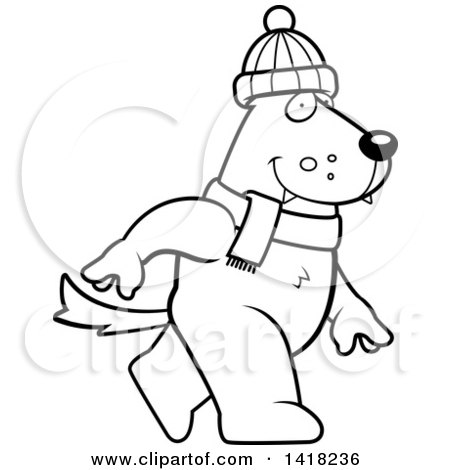 Cartoon Clipart of a Black and White Lineart Wolf Walking Upright in Winter Accessories - Royalty Free Vector Illustration by Cory Thoman