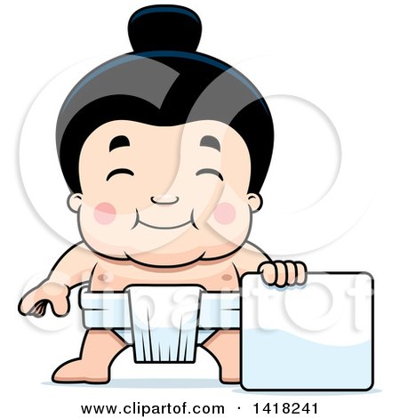 Cartoon Clipart of a Little Sumo Wrestler Standing with a Blank Sign - Royalty Free Vector Illustration by Cory Thoman