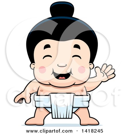 Cartoon Clipart of a Little Sumo Wrestler Waving - Royalty Free Vector Illustration by Cory Thoman