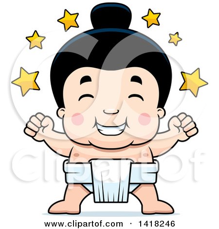 Cartoon Clipart of a Little Sumo Wrestler Winner with Stars - Royalty Free Vector Illustration by Cory Thoman