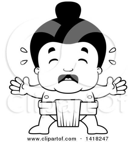 Cartoon Clipart of a Black and White Lineart Little Sumo Wrestler Crying - Royalty Free Vector Illustration by Cory Thoman