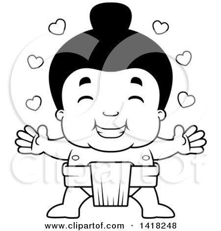 Cartoon Clipart of a Black and White Lineart Little Sumo Wrestler with Open Arms - Royalty Free Vector Illustration by Cory Thoman