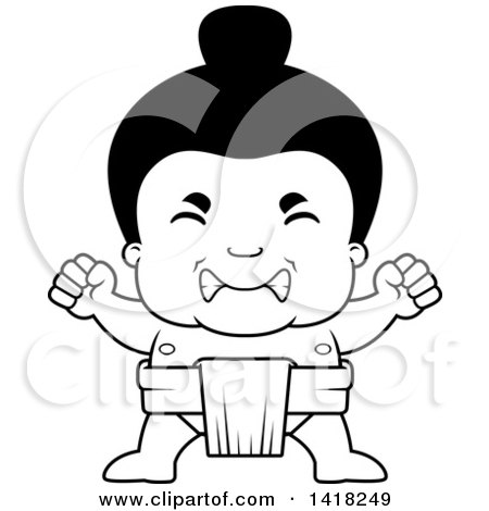 Cartoon Clipart of a Black and White Lineart Mad Little Sumo Wrestler - Royalty Free Vector Illustration by Cory Thoman