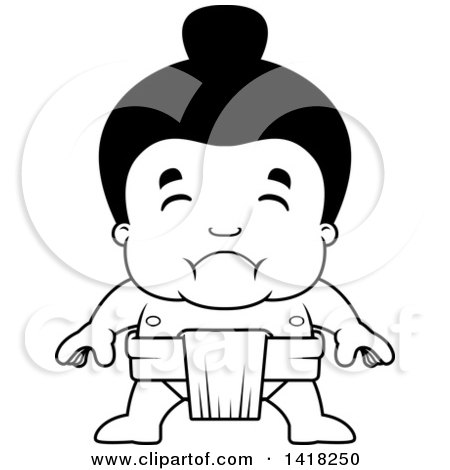 Cartoon Clipart of a Black and White Lineart Sad Little Sumo Wrestler - Royalty Free Vector Illustration by Cory Thoman