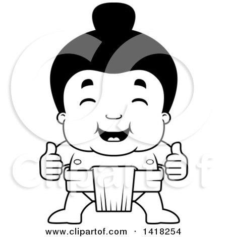 Cartoon Clipart of a Black and White Lineart Little Sumo Wrestler Giving Two Thumbs up - Royalty Free Vector Illustration by Cory Thoman