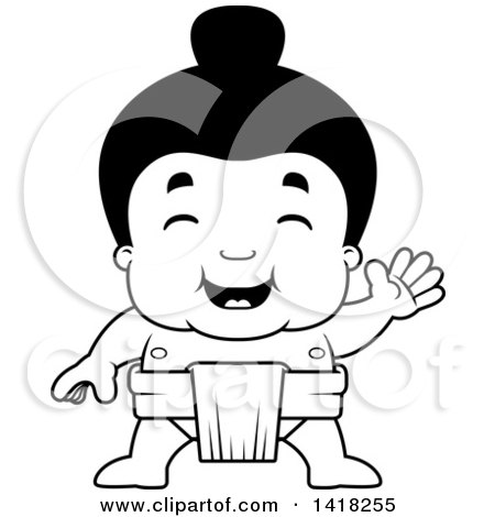 Cartoon Clipart of a Black and White Lineart Little Sumo Wrestler Waving - Royalty Free Vector Illustration by Cory Thoman