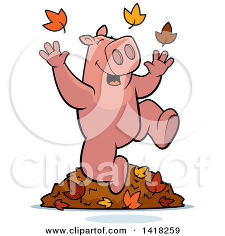 Cartoon Clipart of a Happy Pig Playing in Autumn Leaves - Royalty Free Vector Illustration by Cory Thoman