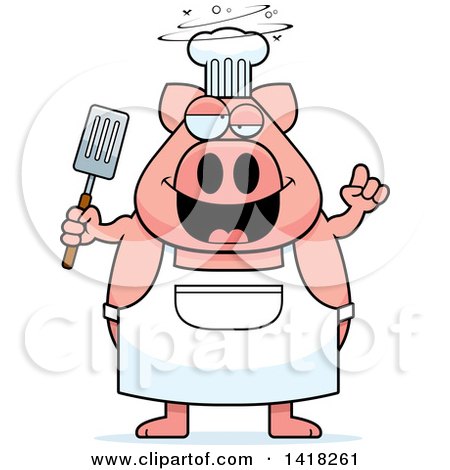 Cartoon Clipart of a Drunk Chef Pig Holding a Spatula - Royalty Free Vector Illustration by Cory Thoman