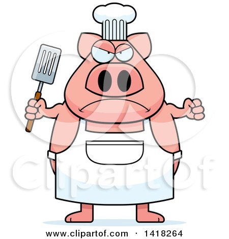 Cartoon Clipart of a Mad Chef Pig Holding a Spatula - Royalty Free Vector Illustration by Cory Thoman