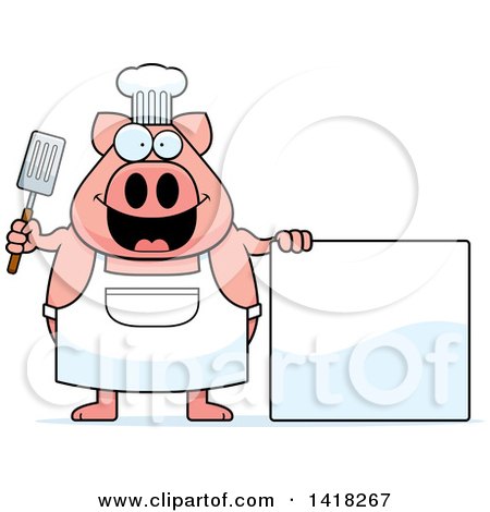 Cartoon Clipart of a Chef Pig Holding a Spatula by a Blank Sign - Royalty Free Vector Illustration by Cory Thoman
