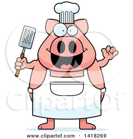 Cartoon Clipart of a Chef Pig Waving and Holding a Spatula - Royalty Free Vector Illustration by Cory Thoman