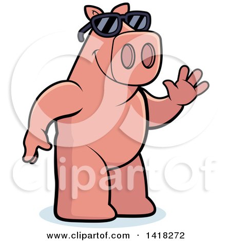 Cartoon Clipart of a Friendly Pig Wearing Sunglasses and Waving - Royalty Free Vector Illustration by Cory Thoman