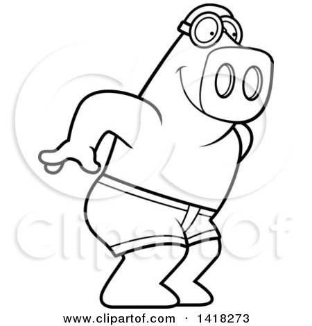 Cartoon Clipart of a Black and White Lineart Swimmer Pig Diving - Royalty Free Vector Illustration by Cory Thoman