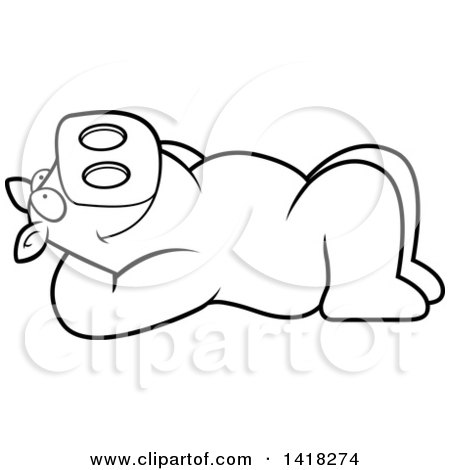 Cartoon Clipart of a Black and White Lineart Relaxed Pig Resting on His Back and Stargazing - Royalty Free Vector Illustration by Cory Thoman
