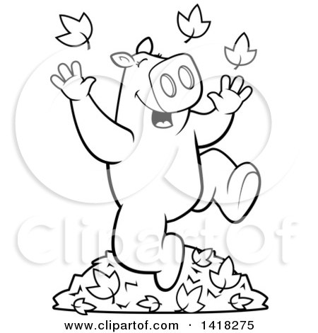 Cartoon Clipart of a Black and White Lineart Happy Pig Playing in Autumn Leaves - Royalty Free Vector Illustration by Cory Thoman