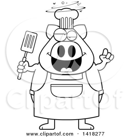 Cartoon Clipart of a Black and White Lineart Drunk Chef Pig Holding a Spatula - Royalty Free Vector Illustration by Cory Thoman