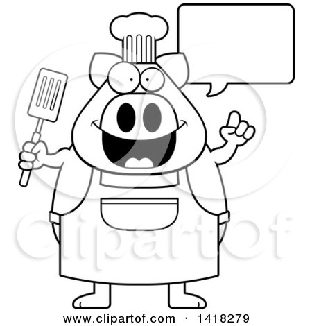Cartoon Clipart of a Black and White Lineart Chef Pig Talking and Holding a Spatula - Royalty Free Vector Illustration by Cory Thoman