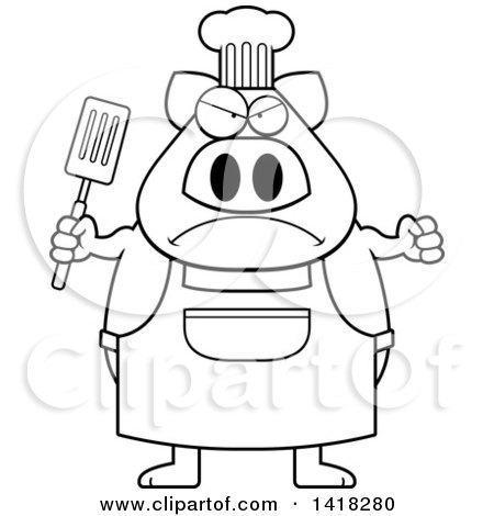 Cartoon Clipart of a Black and White Lineart Mad Chef Pig Holding a Spatula - Royalty Free Vector Illustration by Cory Thoman