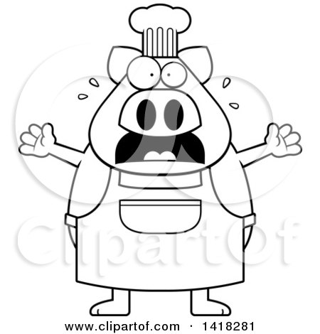 Cartoon Clipart of a Black and White Lineart Scared Chef Pig Screaming - Royalty Free Vector Illustration by Cory Thoman
