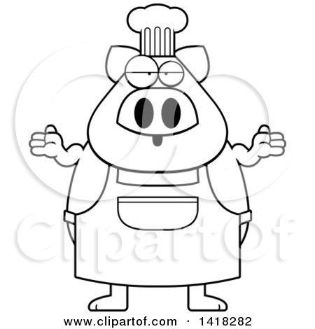 Cartoon Clipart of a Black and White Lineart Careless Chef Pig Shrugging - Royalty Free Vector Illustration by Cory Thoman