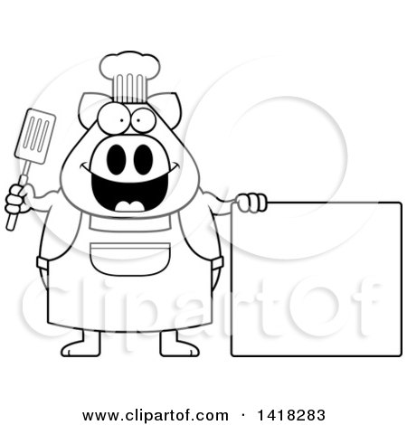 Cartoon Clipart of a Black and White Lineart Chef Pig Holding a Spatula by a Blank Sign - Royalty Free Vector Illustration by Cory Thoman