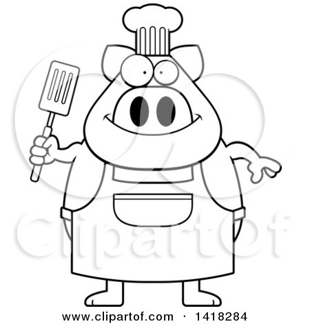 Cartoon Clipart of a Black and White Lineart Chef Pig Holding a Spatula - Royalty Free Vector Illustration by Cory Thoman